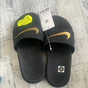 Black Slides with Gold Swoosh